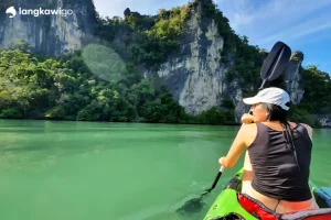 Mangrove Kayaking Tour Langkawi | RM120 Per Person 2026 Promo Kayaker paddling below limestone cliffs in Kilim Geoforest Park