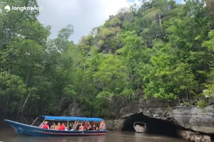 Boat entering the mangrove cave passage in Kilim Geoforest Park