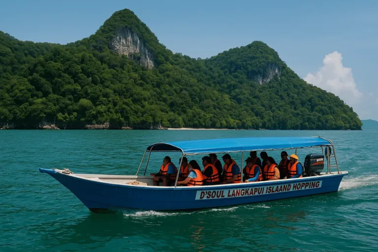 Toyota Vellfire and Alphard Rental | Luxury MPV Rental Langkawi 2026 Promotion Island hopping boat with guests near Pulau Dayang Bunting, Langkawi